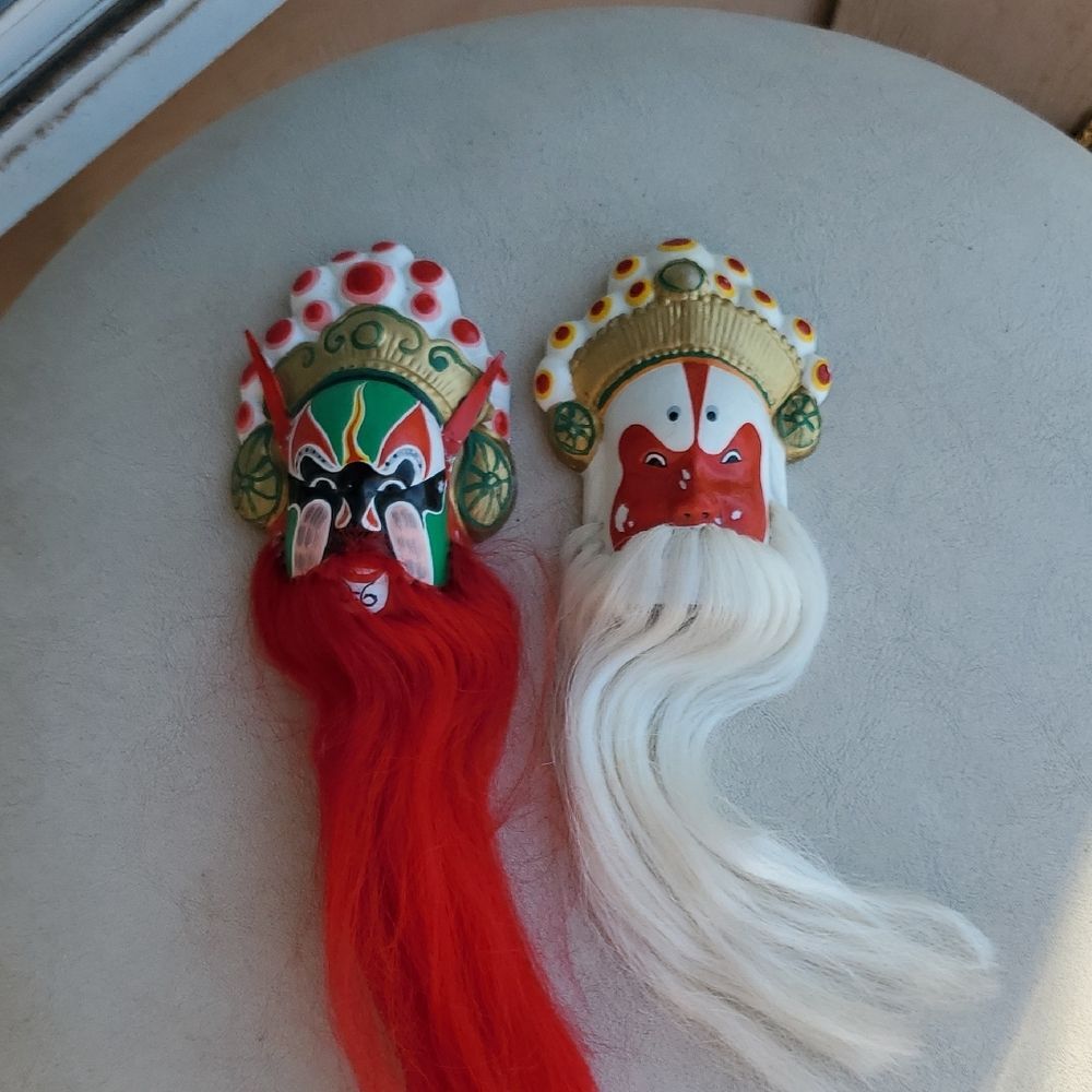 VTG Decorative Masks Pair – Hand-Painted Wall Art - Synthetic Hair - Eclectic